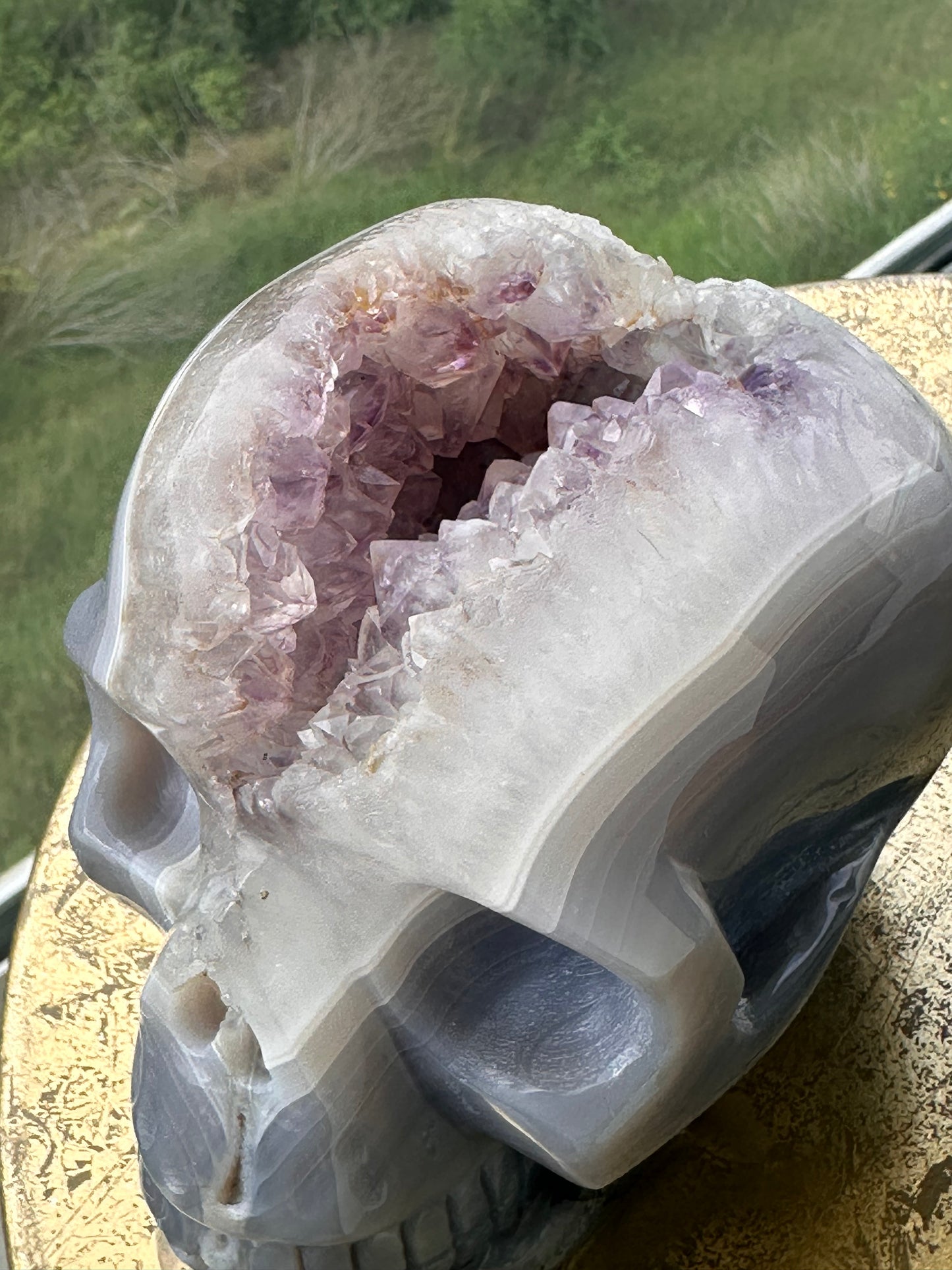 Rare Blue Lace Agate Skull with a Large Amethyst Cave Over 5 LBS