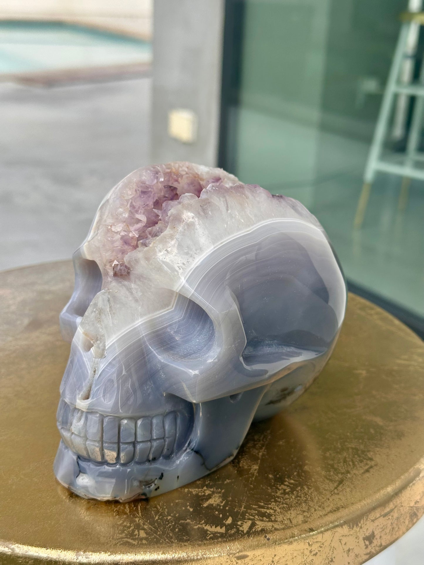 Rare Blue Lace Agate Skull with a Large Amethyst Cave Over 5 LBS