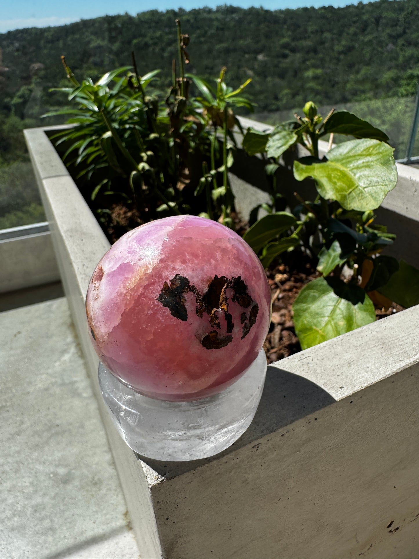 Loving Expression Pink Aragonite & Magnetite Sphere 213 Grams