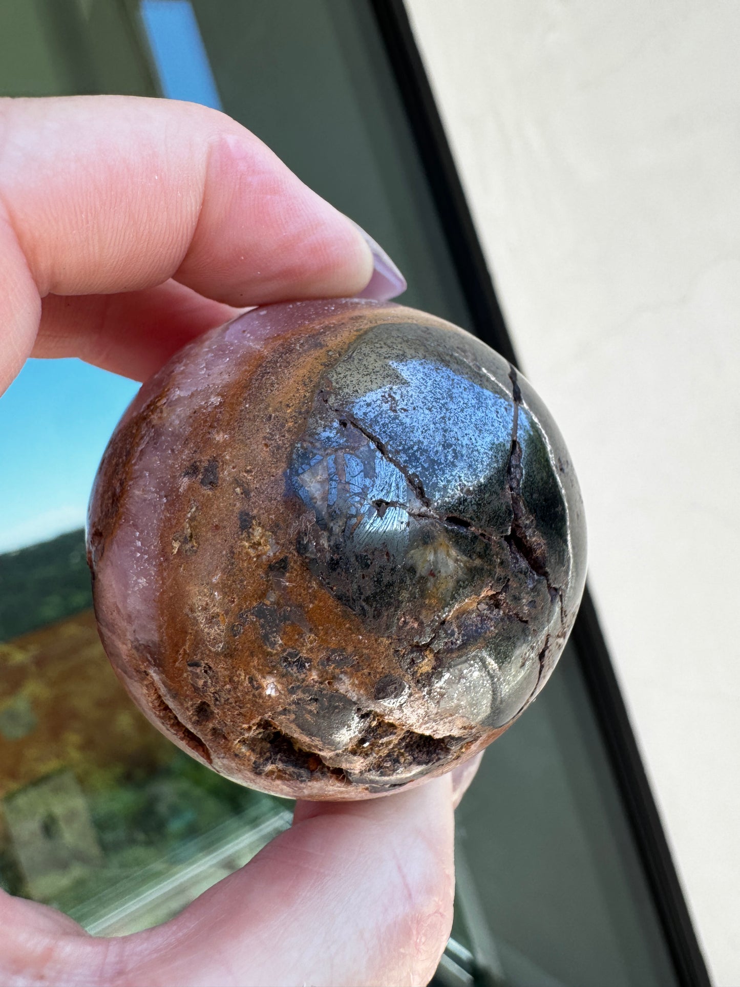 Loving Expression Pink Aragonite & Magnetite Sphere 213 Grams