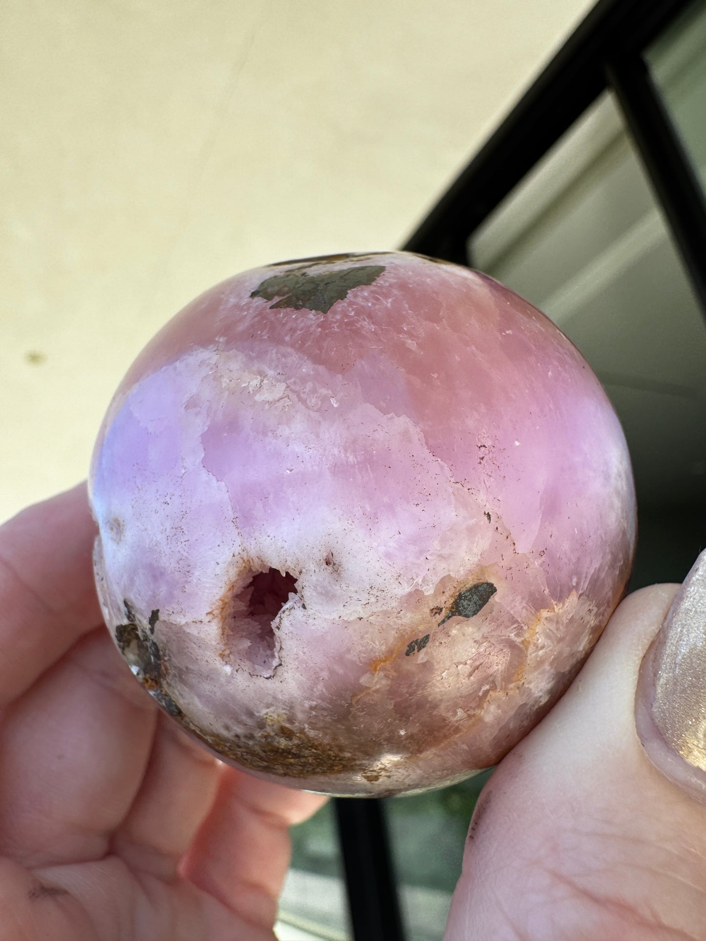 Loving Expression Pink Aragonite & Magnetite Sphere 213 Grams