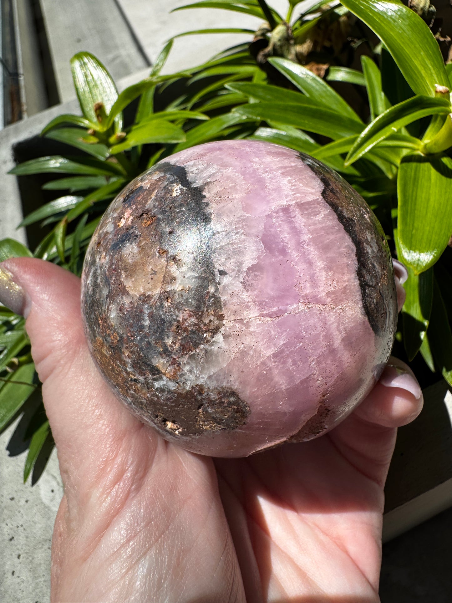 Pink Aragonite with Druzy Cave & Magnetite Sphere 383 Grams