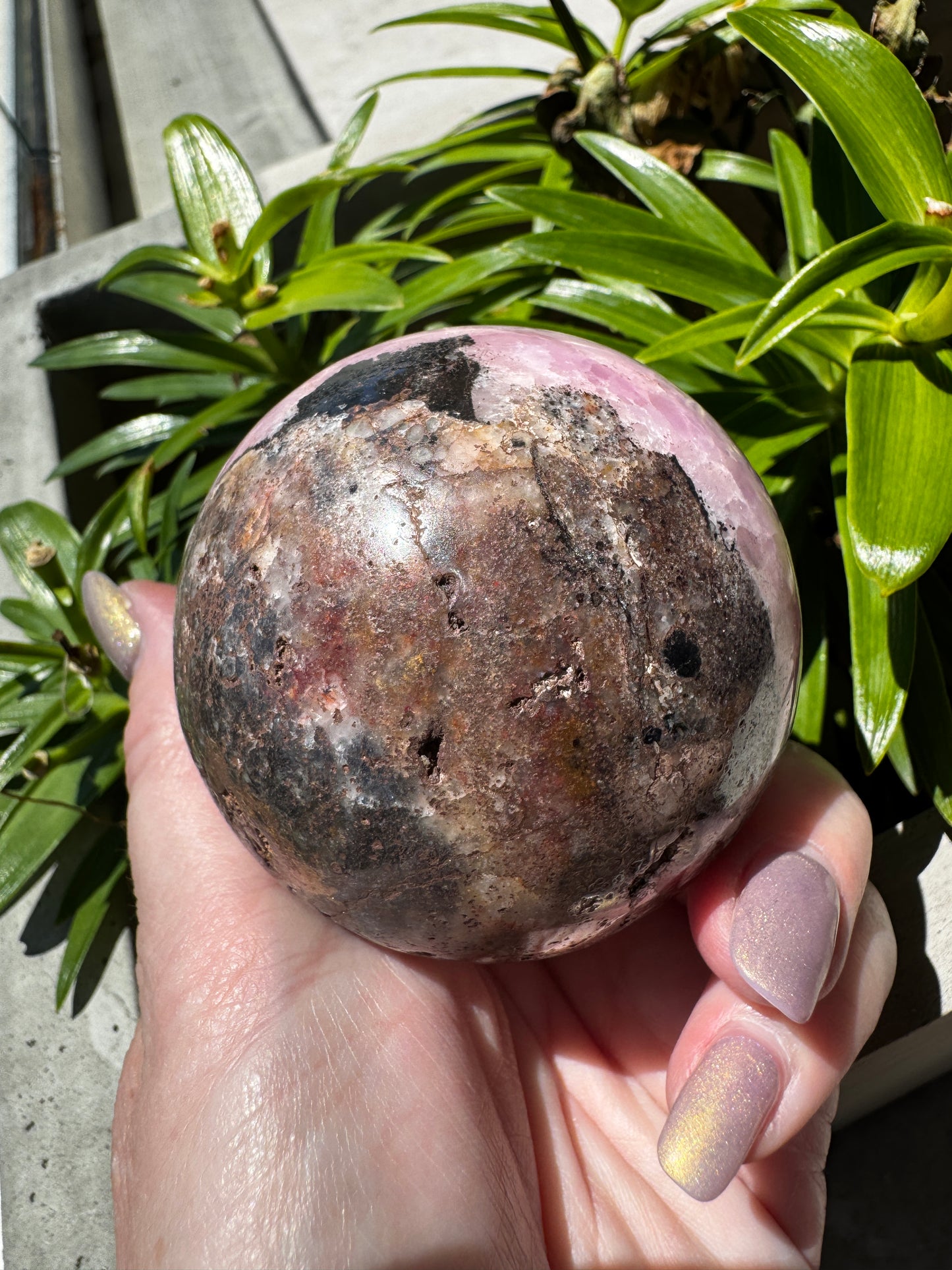 Pink Aragonite with Druzy Cave & Magnetite Sphere 383 Grams