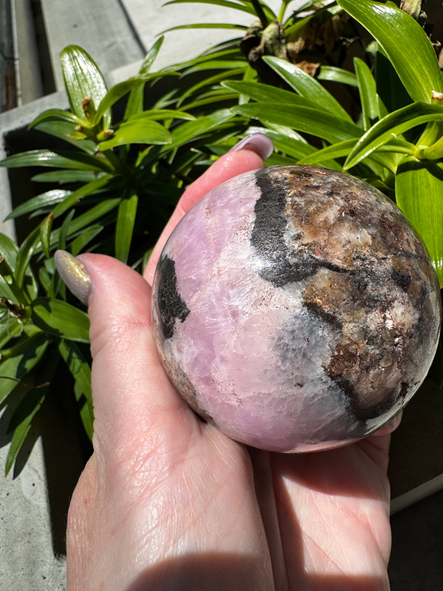 Pink Aragonite with Druzy Cave & Magnetite Sphere 383 Grams