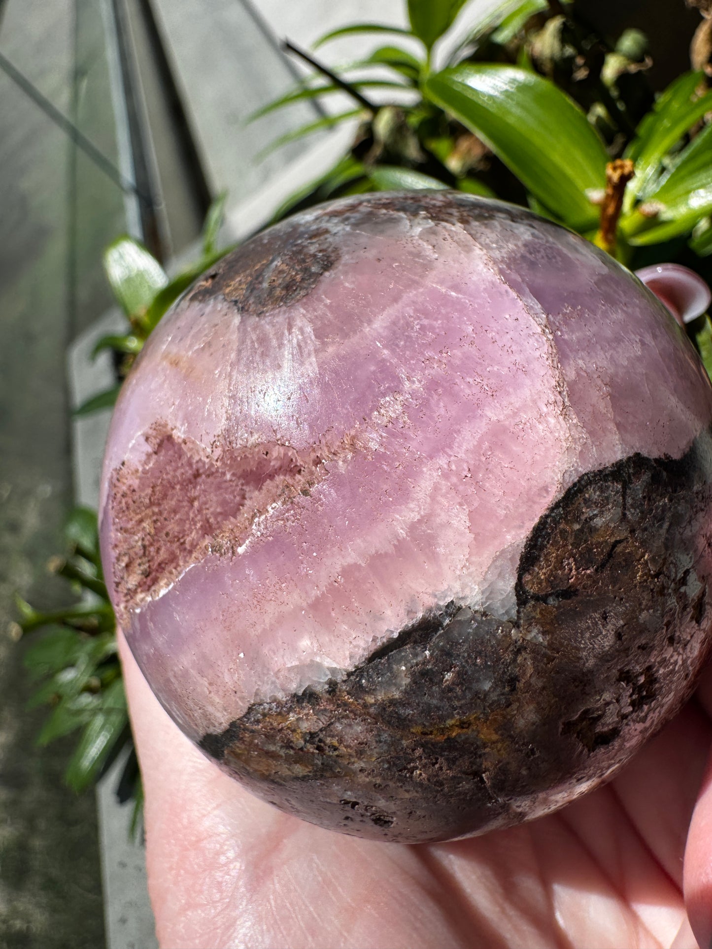 Pink Aragonite with Druzy Cave & Magnetite Sphere 383 Grams