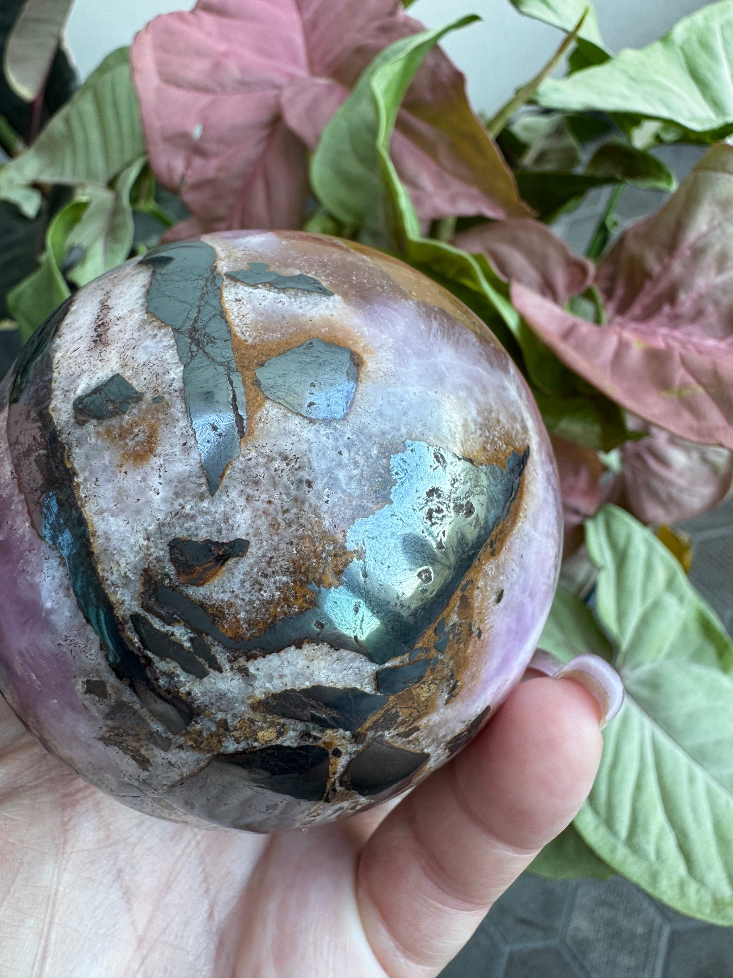 HUGE Pink and Purple Aragonite & Magnetite Grounding Love Sphere 655 Grams