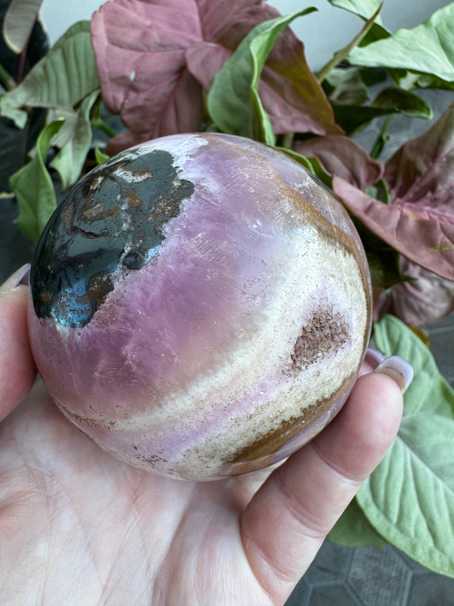 HUGE Pink and Purple Aragonite & Magnetite Grounding Love Sphere 655 Grams