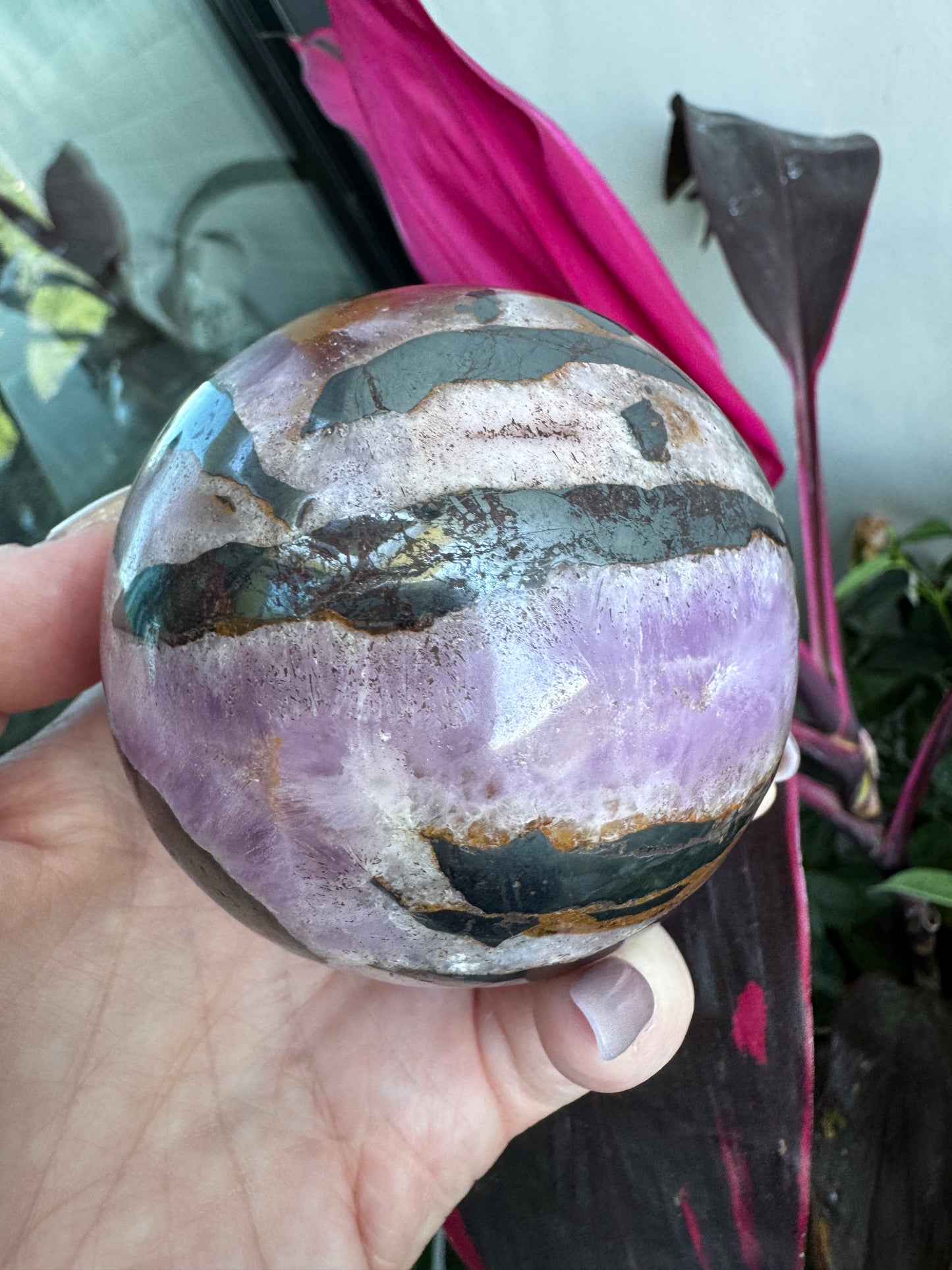 HUGE Pink and Purple Aragonite & Magnetite Grounding Love Sphere 655 Grams