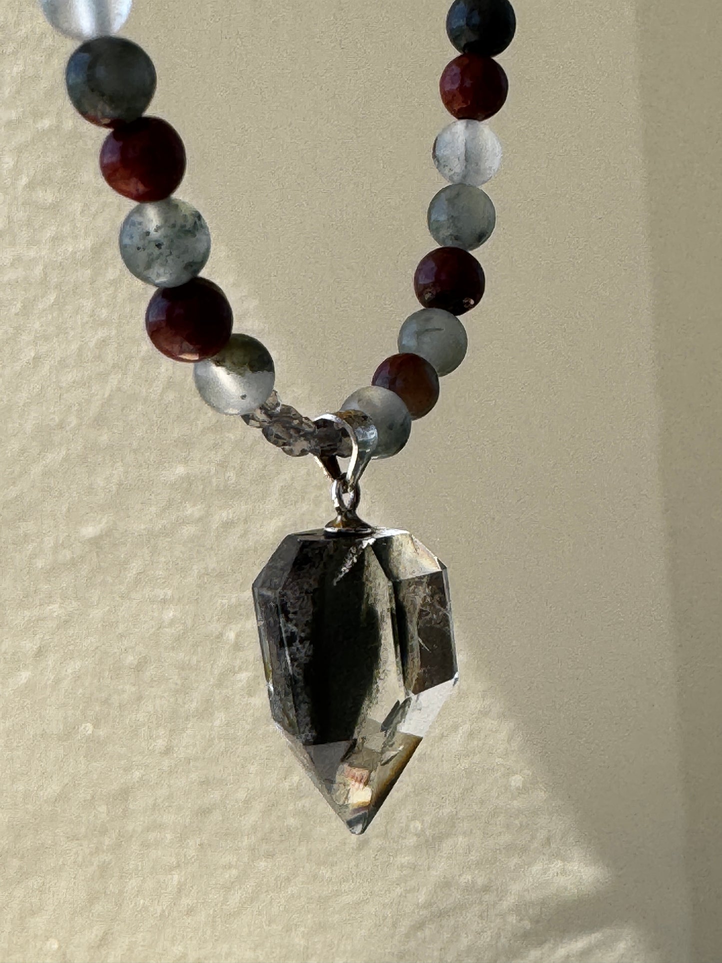 TMB Handmade Necklace Pain Relief in a Premium Crystal Necklace Garden Quartz Smoky QuartZ African Bloodstone USA Steel Screw Clasp