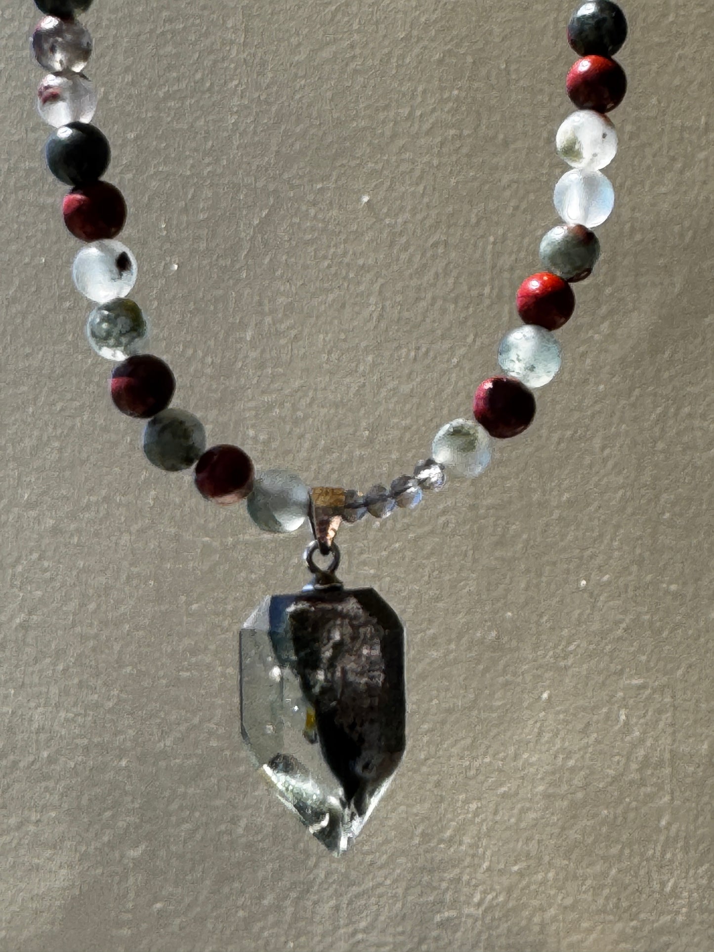 TMB Handmade Necklace Pain Relief in a Premium Crystal Necklace Garden Quartz Smoky QuartZ African Bloodstone USA Steel Screw Clasp