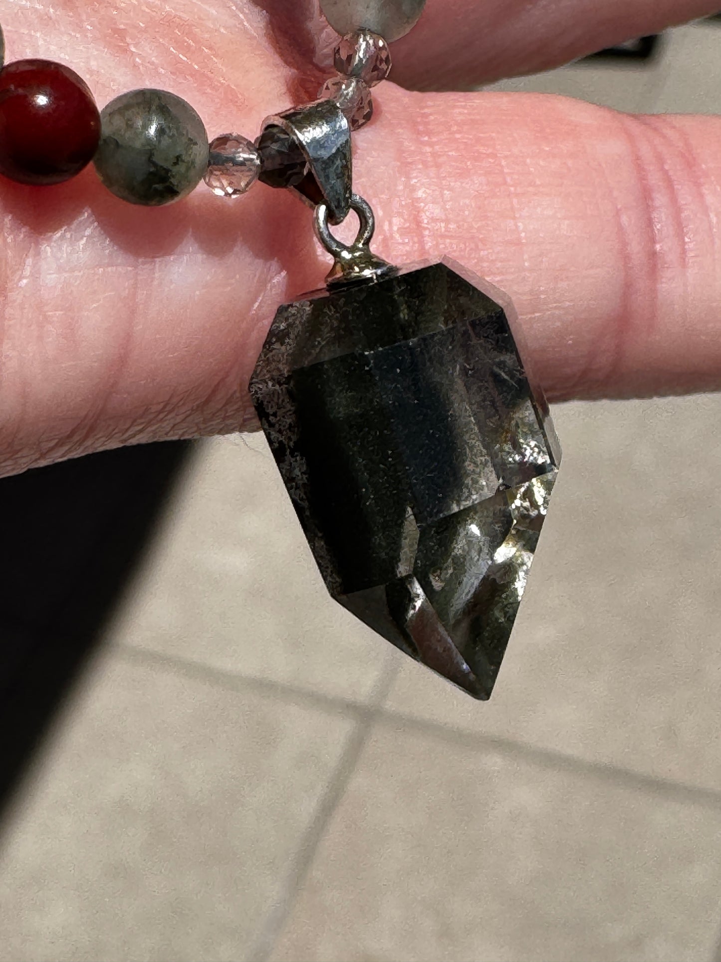 TMB Handmade Necklace Pain Relief in a Premium Crystal Necklace Garden Quartz Smoky QuartZ African Bloodstone USA Steel Screw Clasp