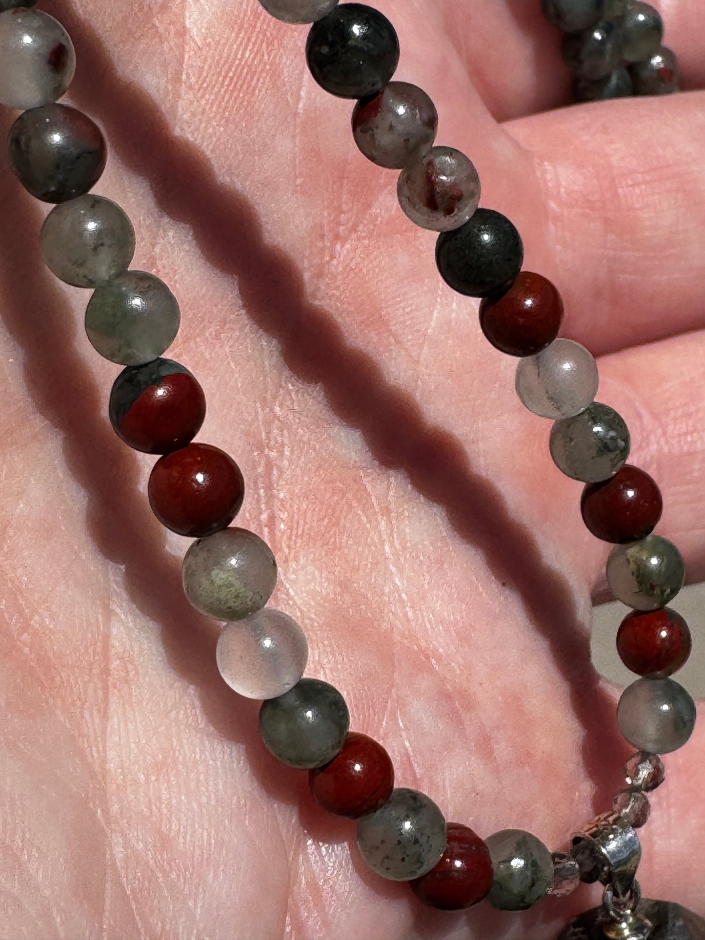 TMB Handmade Necklace Pain Relief in a Premium Crystal Necklace Garden Quartz Smoky QuartZ African Bloodstone USA Steel Screw Clasp