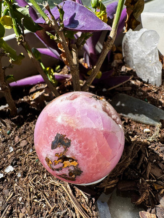 Loving Expression Pink Aragonite & Magnetite Sphere 213 Grams