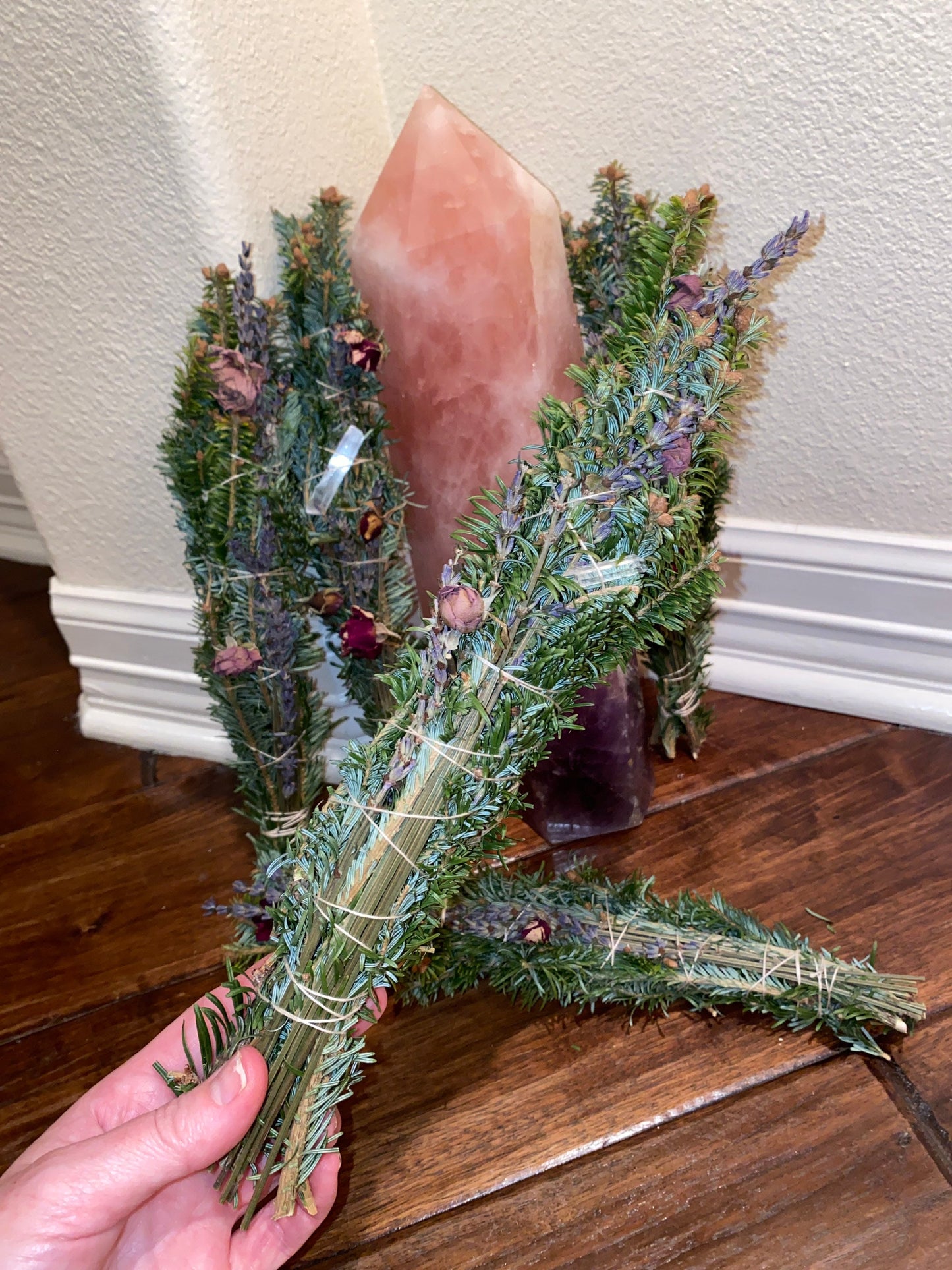 Organic Fraser Fir Lavender Rose Buds  in a tight smudge bundle with either a clear crystal point or selenite stick