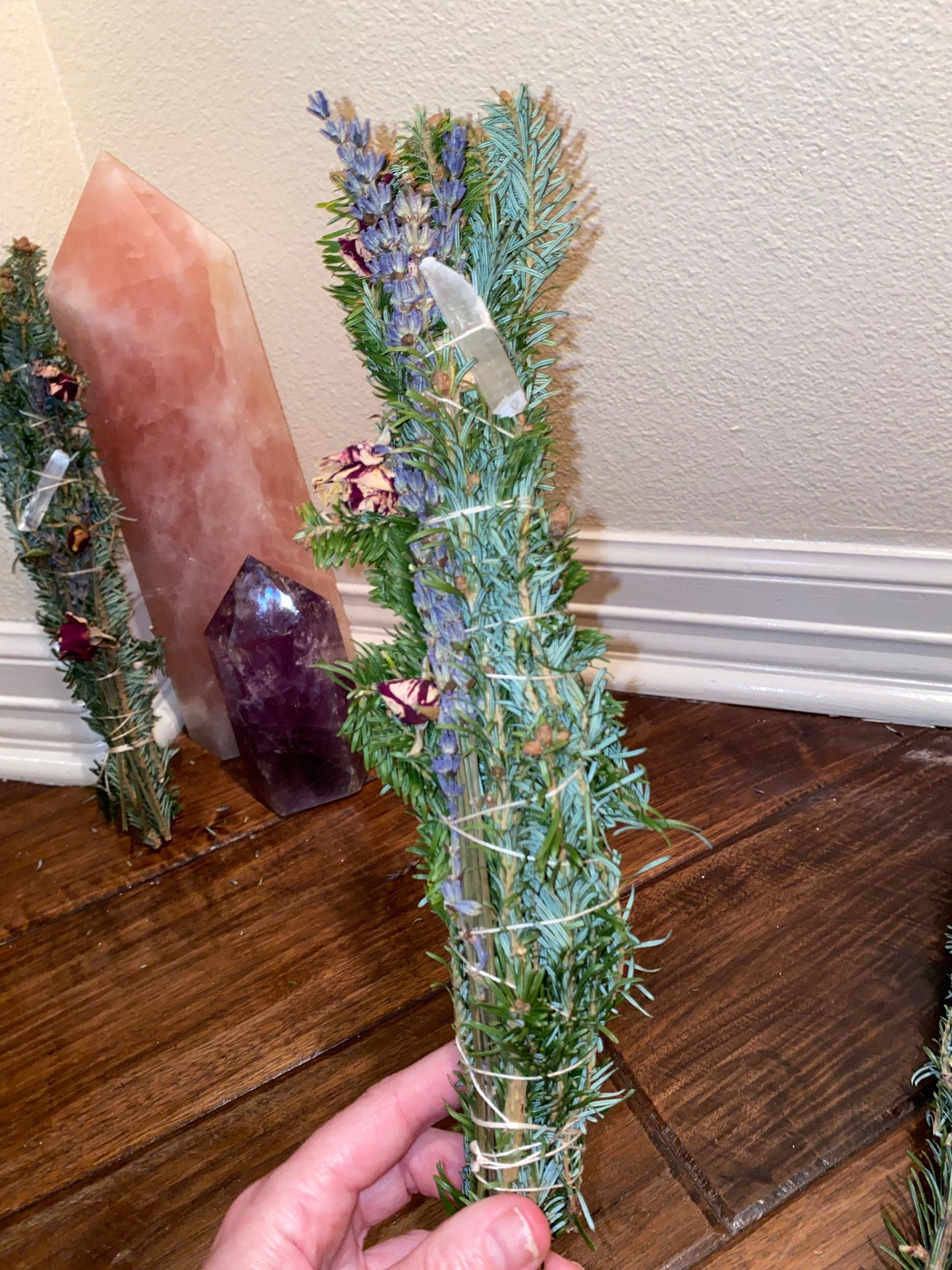 Organic Fraser Fir Lavender Rose Buds  in a tight smudge bundle with either a clear crystal point or selenite stick