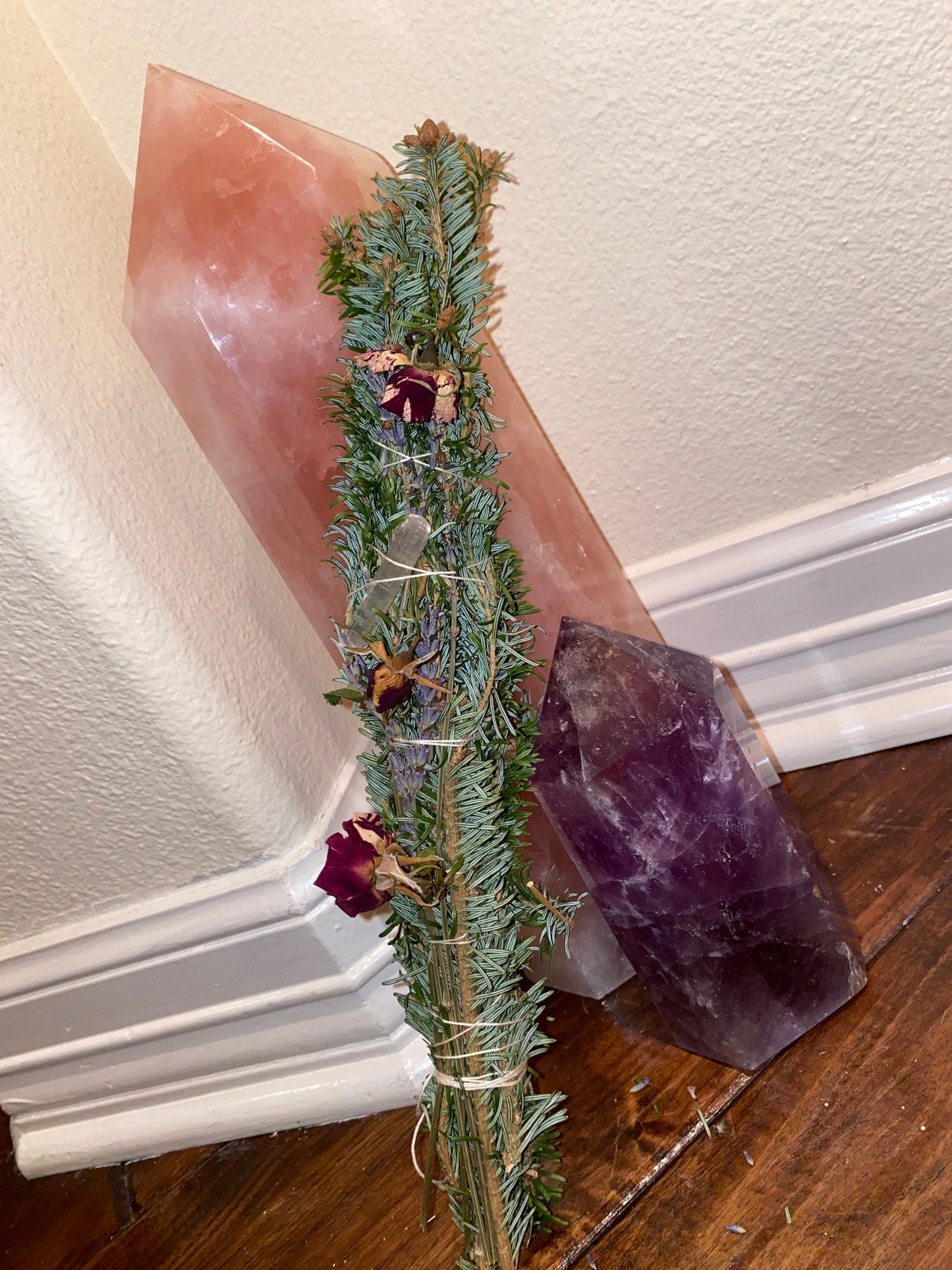 Organic Fraser Fir Lavender Rose Buds  in a tight smudge bundle with either a clear crystal point or selenite stick