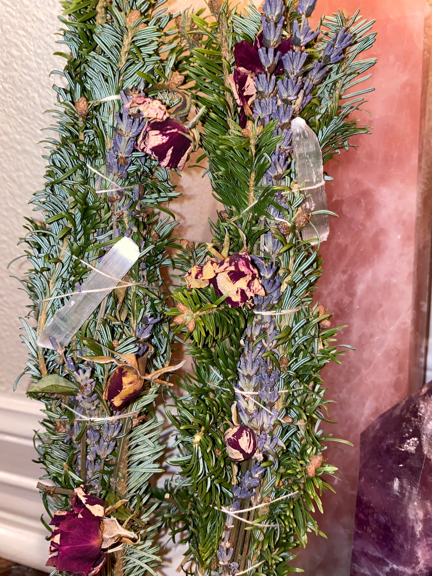 Organic Fraser Fir Lavender Rose Buds  in a tight smudge bundle with either a clear crystal point or selenite stick