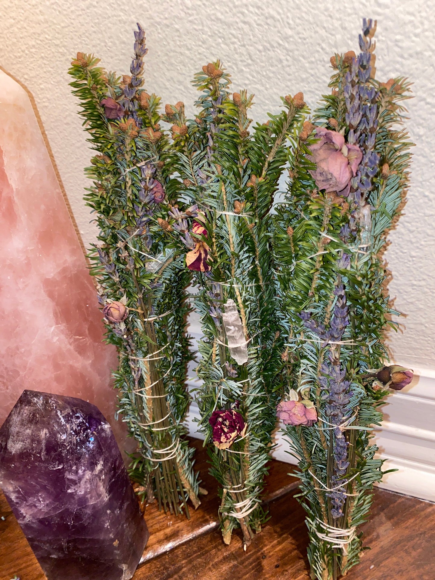 Organic Fraser Fir Lavender Rose Buds  in a tight smudge bundle with either a clear crystal point or selenite stick