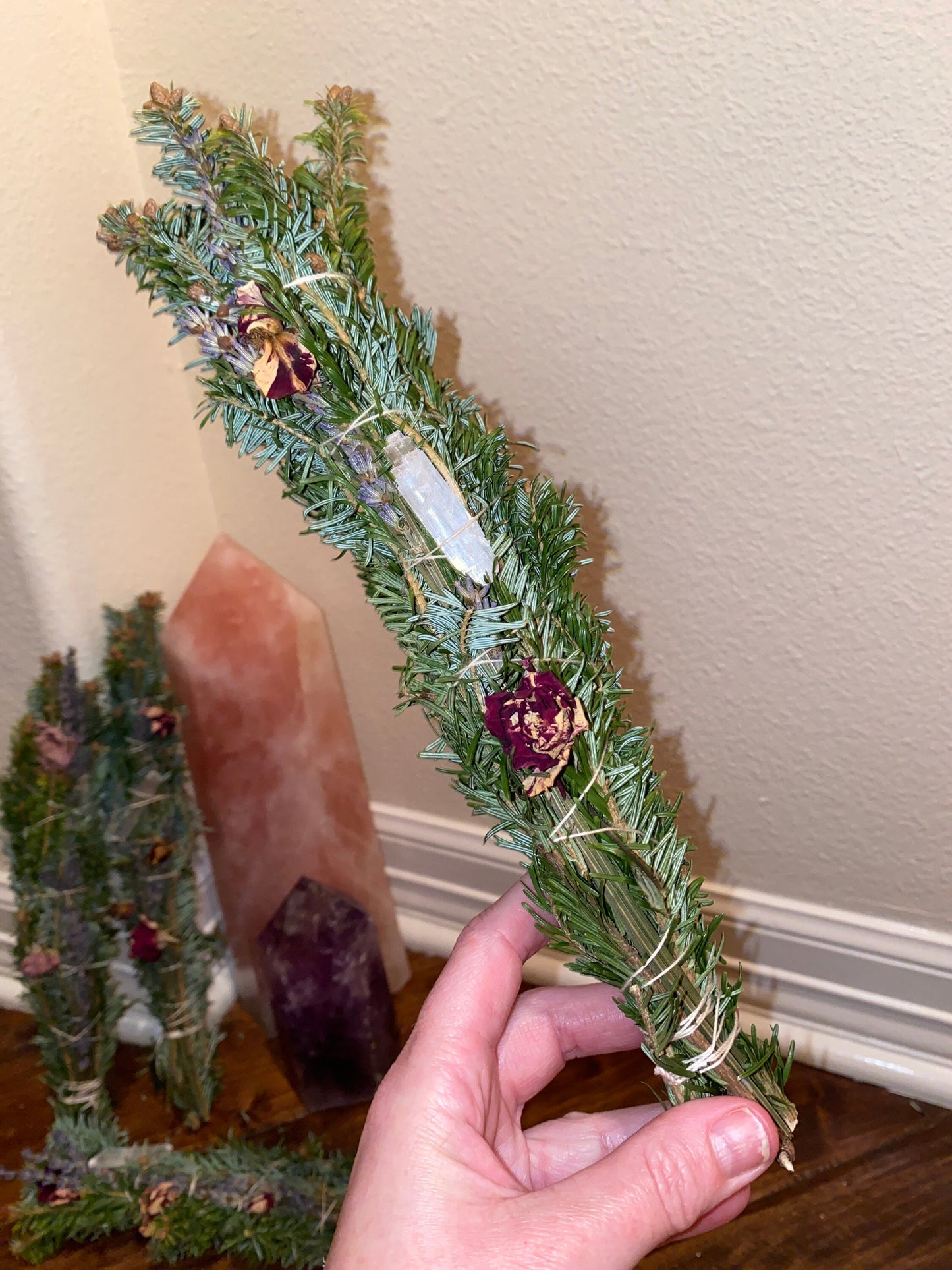 Organic Fraser Fir Lavender Rose Buds  in a tight smudge bundle with either a clear crystal point or selenite stick