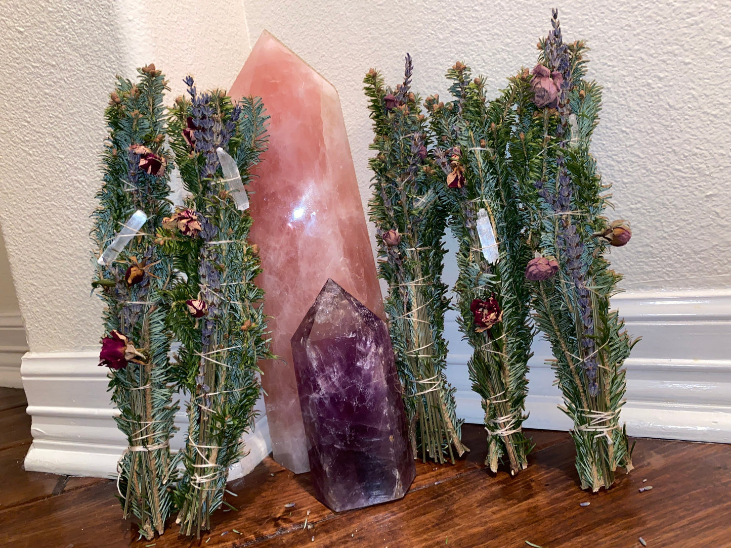 Organic Fraser Fir Lavender Rose Buds  in a tight smudge bundle with either a clear crystal point or selenite stick