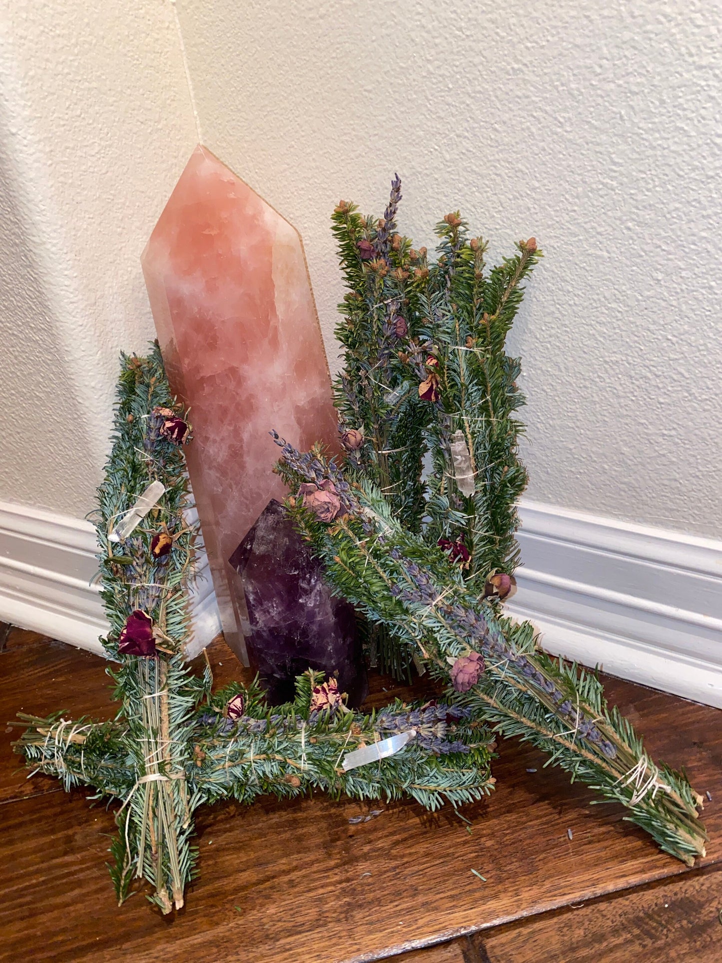 Organic Fraser Fir Lavender Rose Buds  in a tight smudge bundle with either a clear crystal point or selenite stick