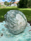 Moss Agate Green White Skull Carving 423 G