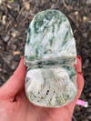 Moss Agate Green White Skull Carving 423 G