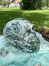 Moss Agate Green White Skull Carving 423 G