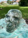 Moss Agate Green White Skull Carving 423 G